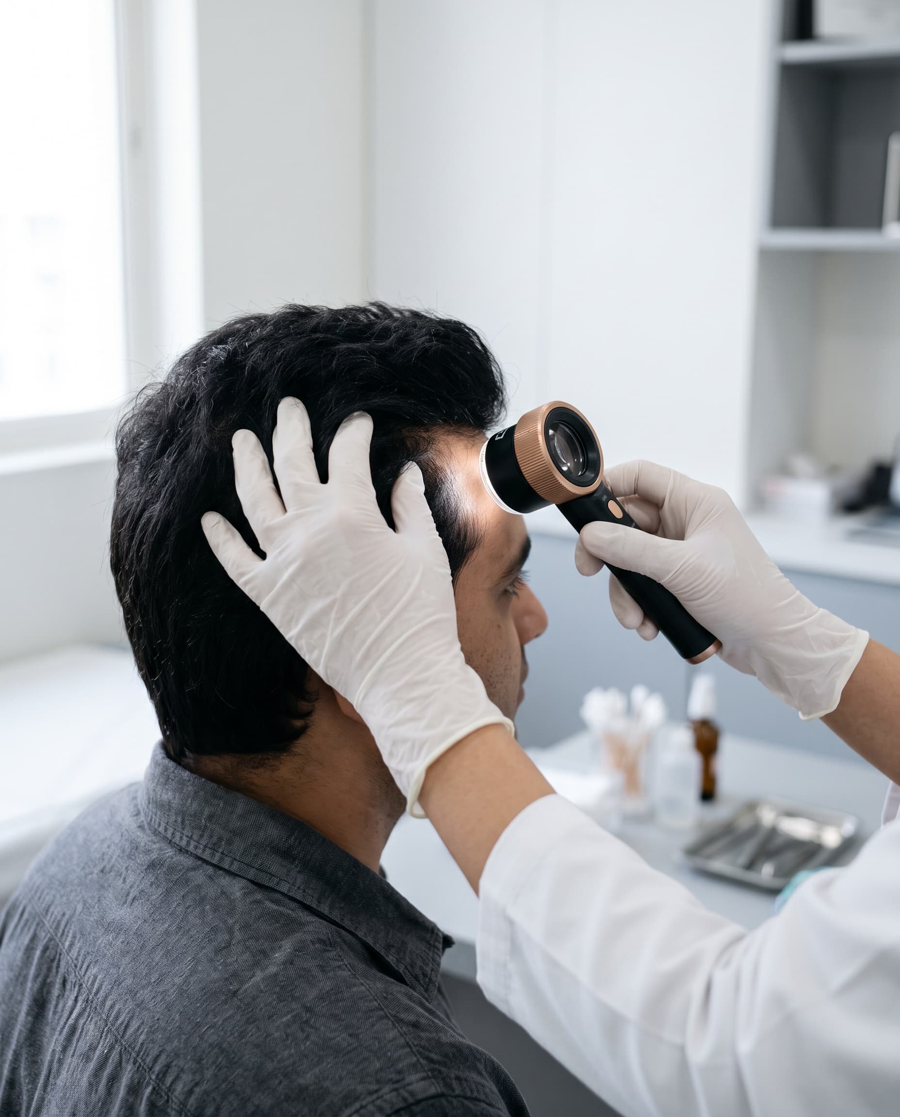A doctor examining a man's hairline with a handheld trichoscope
